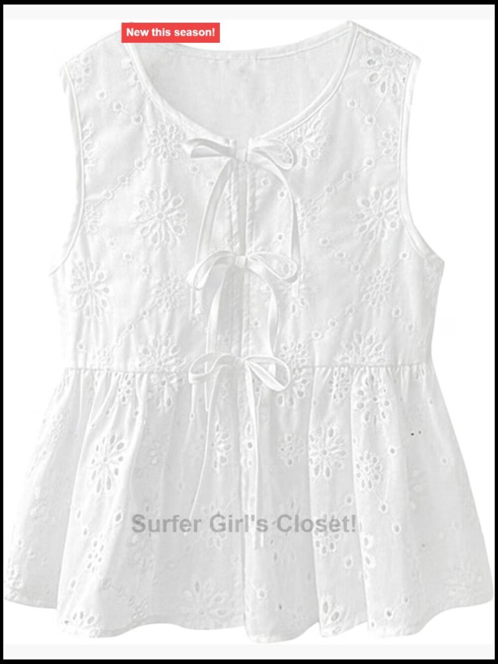 Women's White Eyelet Peplum Tank Top Adjustable Bow Tie Babydoll